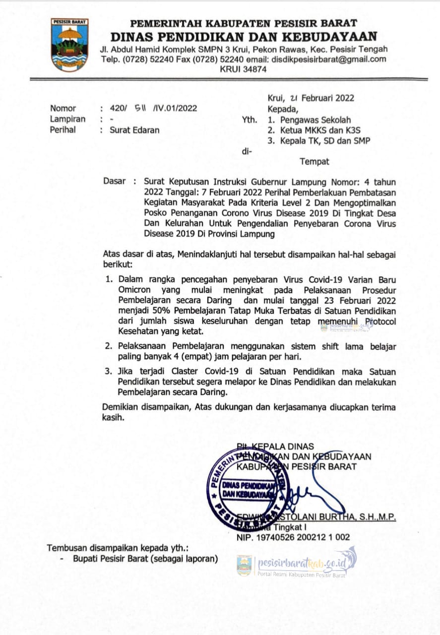 Mulai 23 Februari 2022, Pesisir Barat Laksanakan Pembelajaran Tatap Muka Terbatas