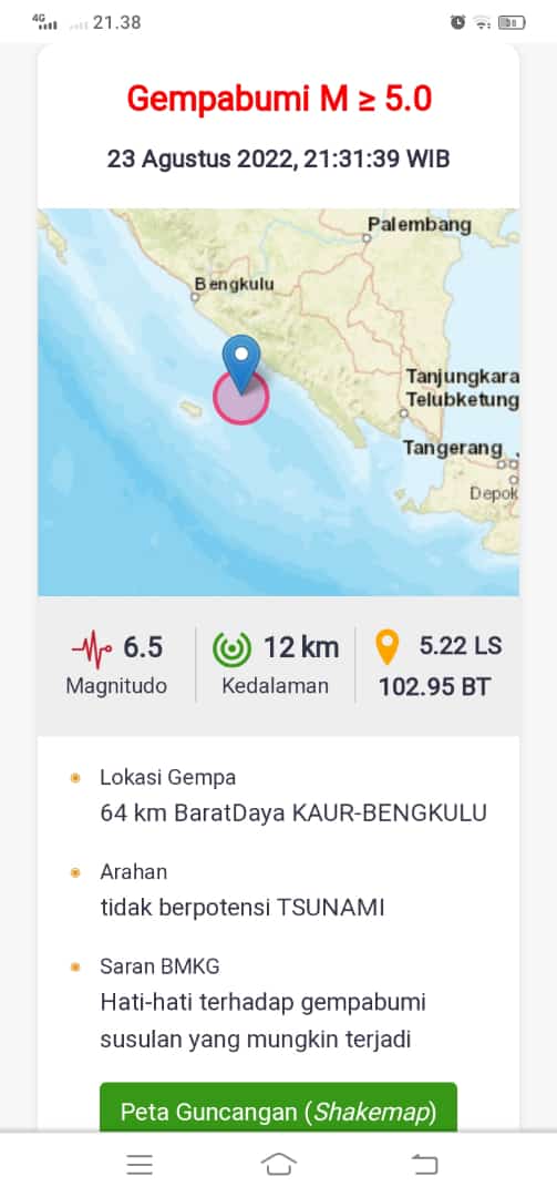 Gempa Kuat 6,5 SR Terasa Di Lampung Barat, Warga Berhamburan Keluar Rumah