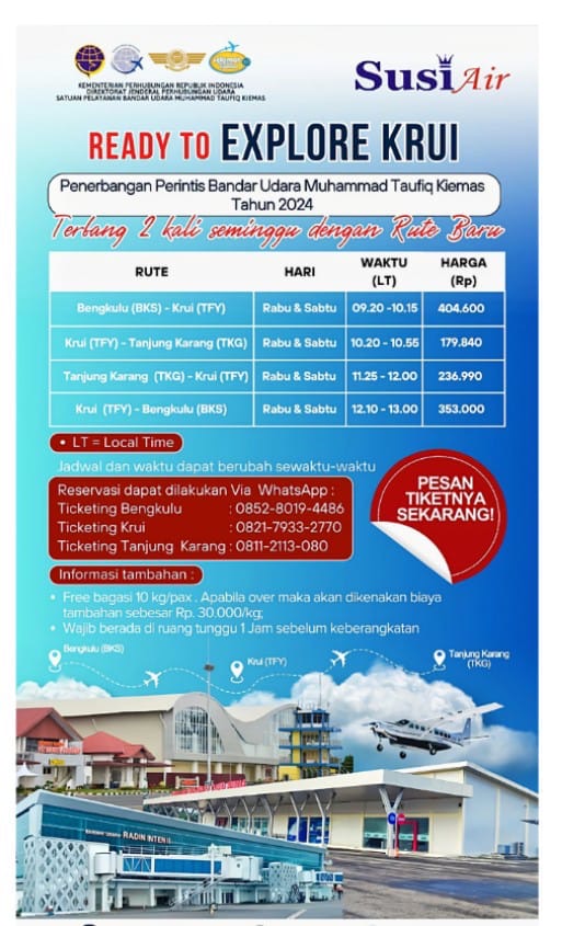 Tiket Pesawat Maskapai Susi Air Resmi Dirilis, Segini Tiket Penerbangan Bandara M.Taufik kiemas Krui