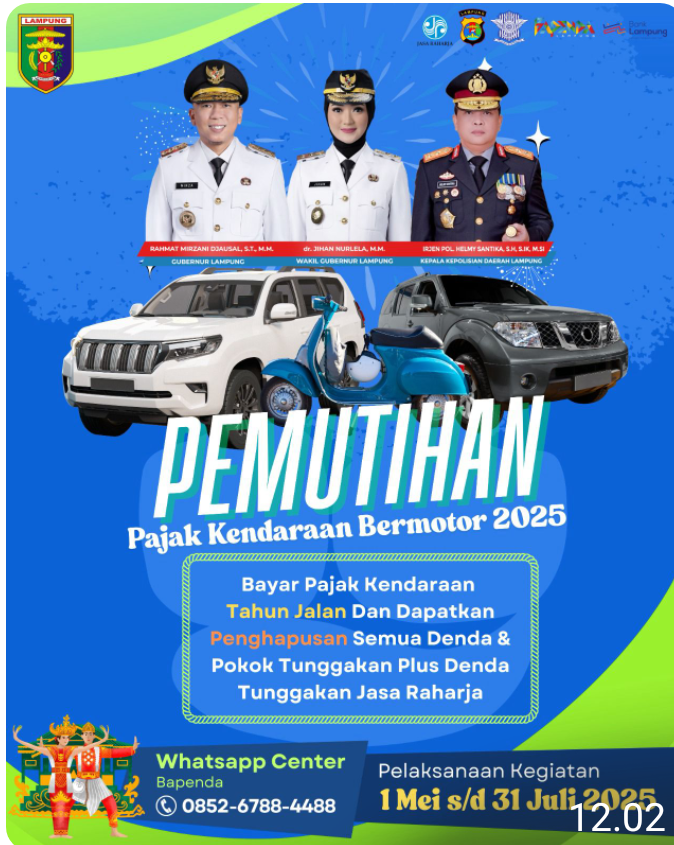 Kabar Gembira Untuk Masyarakat Lampung Mulai 1Mei 2025 Ada Program Pemutihan Pajak